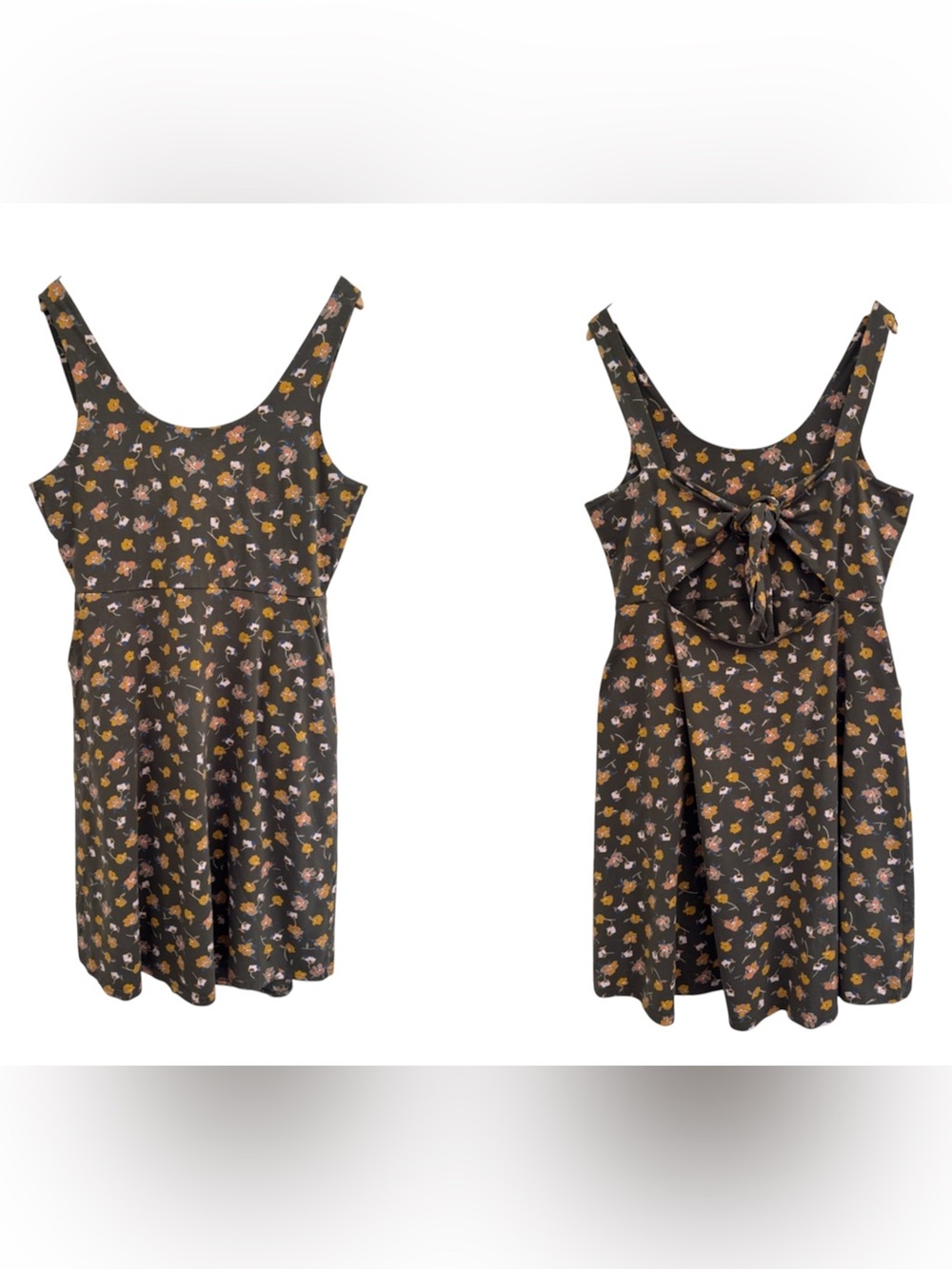 Pact Organic Cotton Olive Floral Tie Back With Keyhole Tank Midi Dress XL Pocket